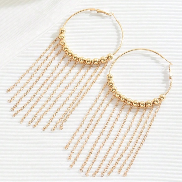 Boho Gold Tone Bead Tassel Dangle Hoop Earrings - Picture 2 of 4